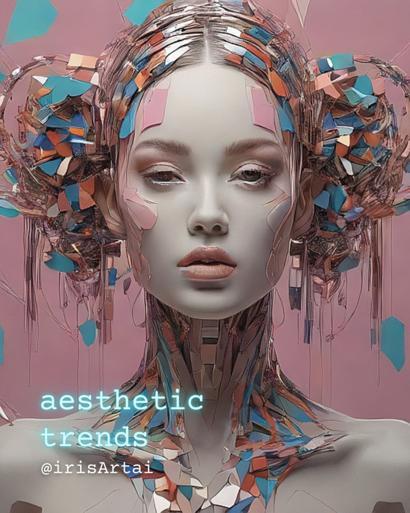 Hyper-realistic AI-generated portrait of a woman with fragmented metallic and pastel elements integrated into her hair and skin, embodying a futuristic mosaic art style.