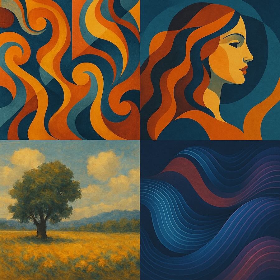 Collage of four AI-generated artworks showcasing abstract swirls, a stylised female portrait, a realistic landscape with a lone tree, and flowing wave patterns in deep blues and purples.