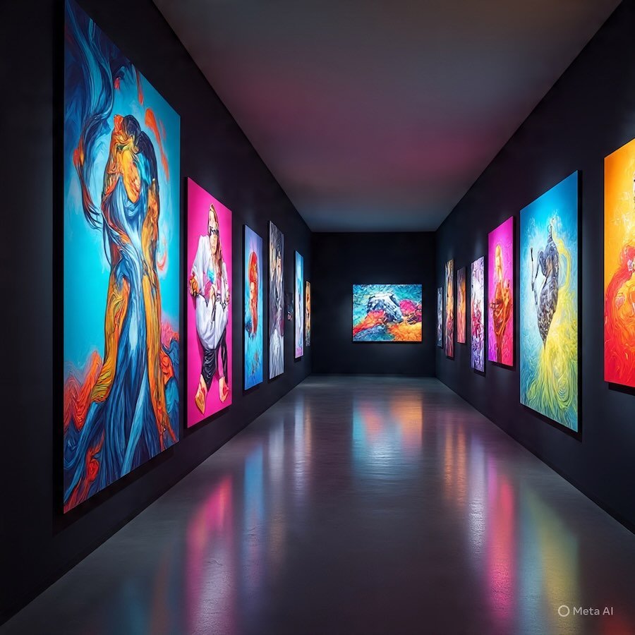 Contemporary gallery hallway displaying large-scale AI-generated artworks in vivid colours, representing diverse aesthetic trends in digital creativity.