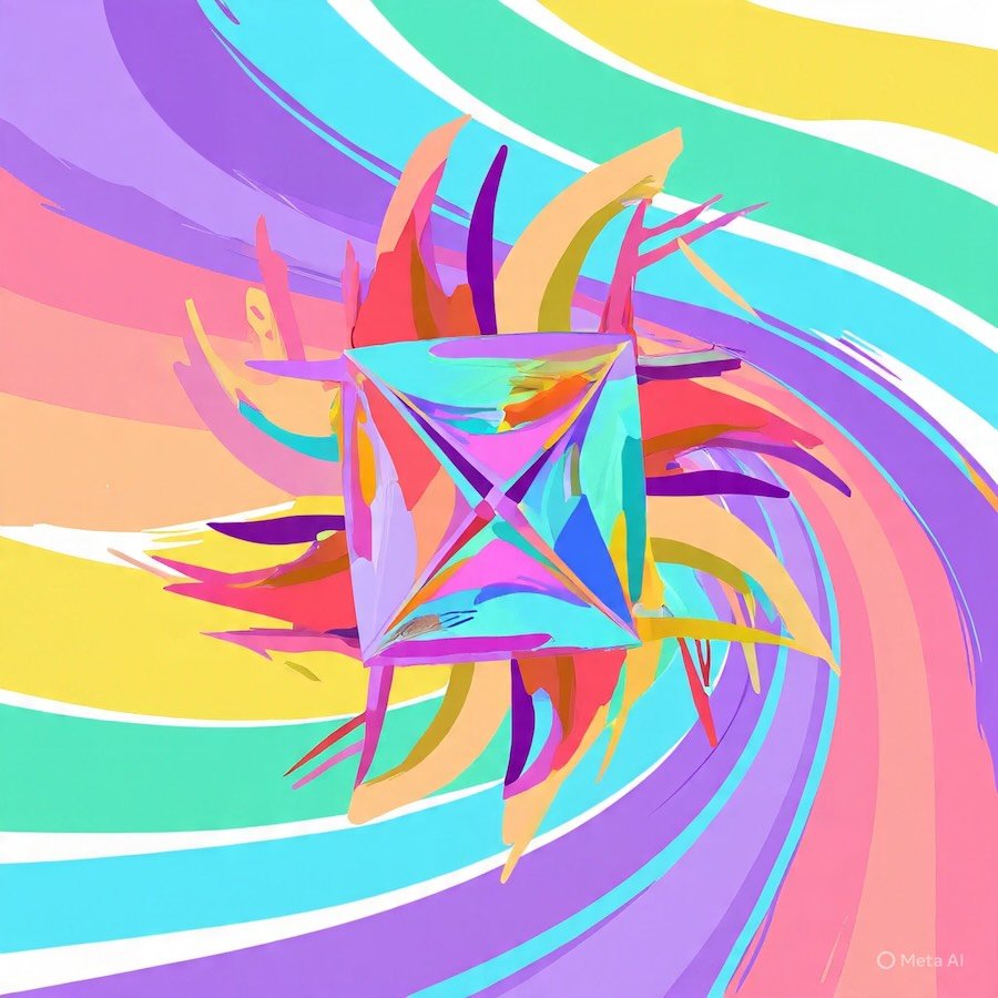 AI-generated abstract artwork featuring a colourful geometric prism at the centre, surrounded by dynamic rainbow swirls and bold brush-like strokes.