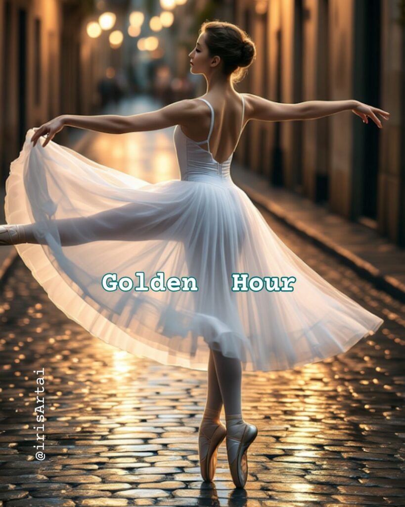 AI-generated ballerina from behind, twirling en pointe at golden hour on cobblestones with soft bokeh streetlights
