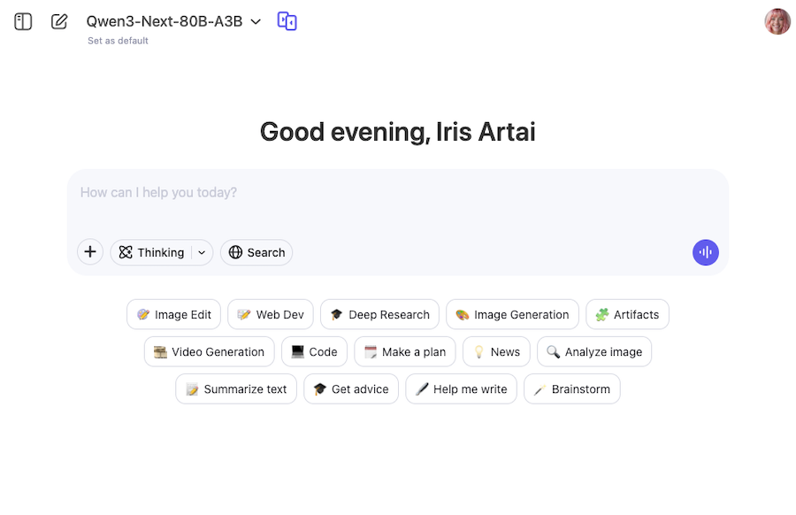 Screenshot of the Qwen AI interface showing available tools like image generation, video generation, deep research, and code support.