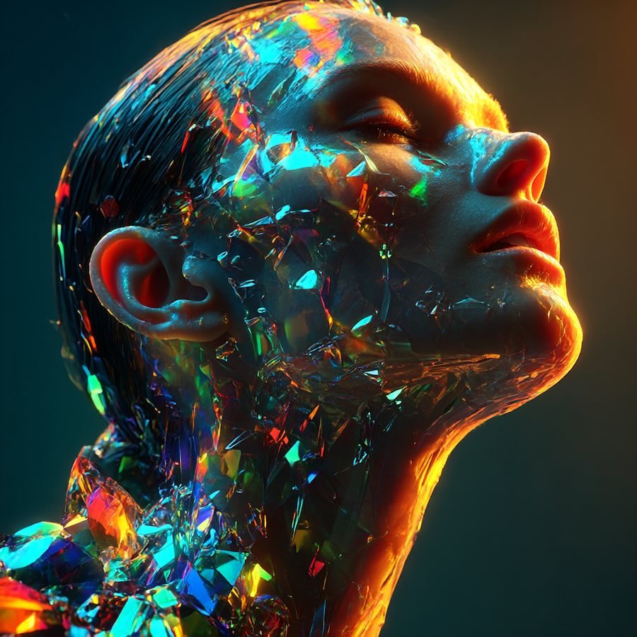 Understanding prompt engineering: AI-generated surreal portrait of a luminous woman sculpted from glowing crystals, refracting rainbow light, photorealistic detail, MidJourney v6. 