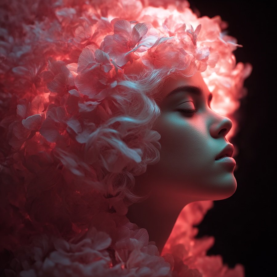 AI-generated surreal portrait of a luminous woman whose hair blooms into thousands of glowing flowers, dreamy neon atmosphere, hyperdetailed MidJourney v6