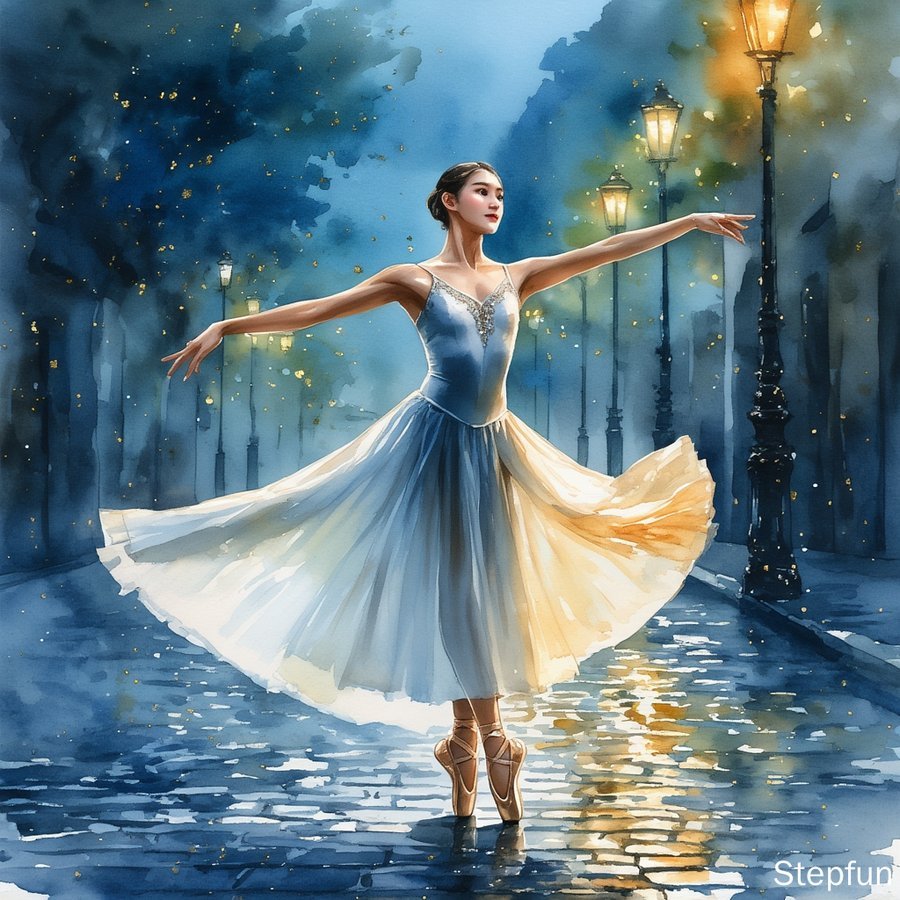 AI-generated watercolor ballerina pirouette under glowing streetlamps, created with StepFun Text-to-Image