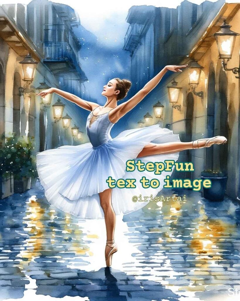 AI-generated watercolor ballerina in elegant pose on cobblestone street, illuminated by warm streetlamps, StepFun Text-to-Image result