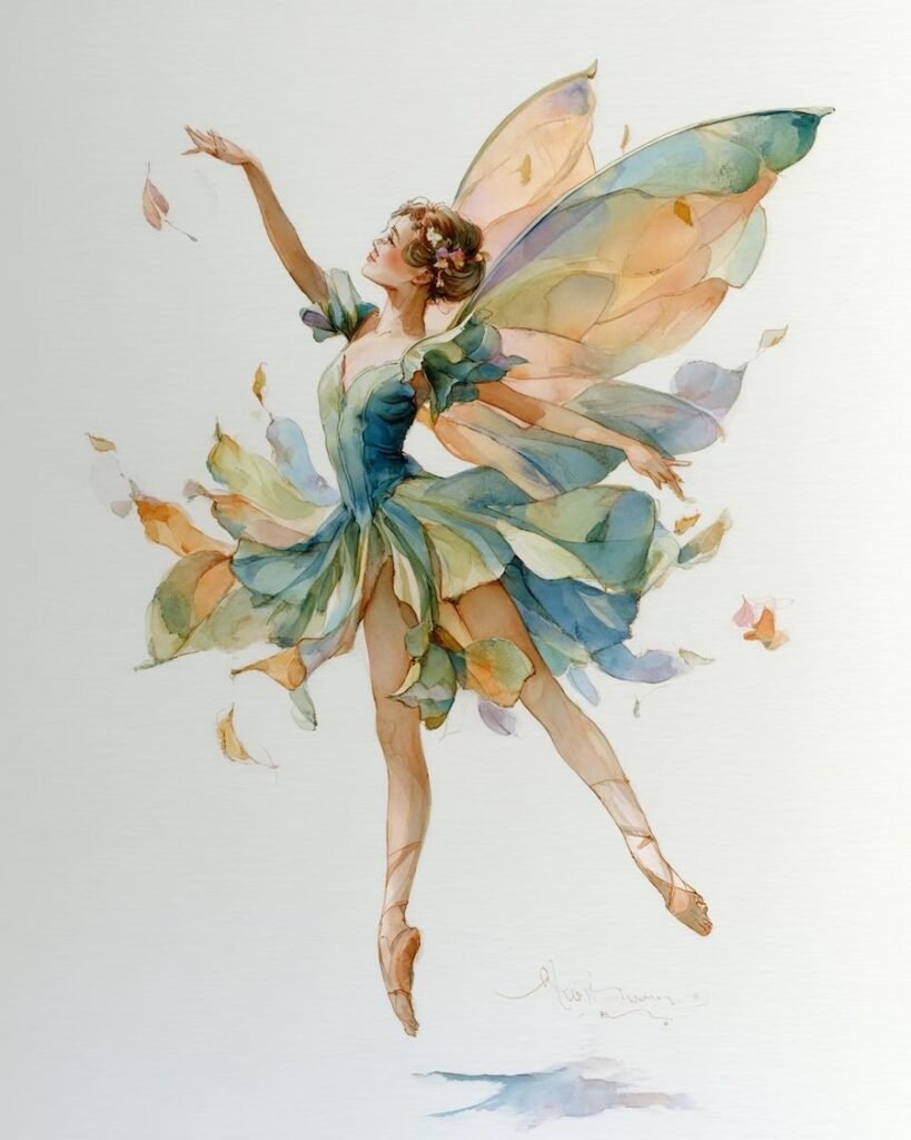 A delicate watercolor painting of a fairy with large wings floating gracefully in the air, wearing a flowing dress of leaves and petals.
