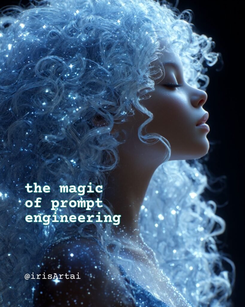 AI-generated surreal portrait of a luminous woman with hair transforming into galaxies, glowing stars woven into her skin, hyperrealistic detail created in MidJourney v6