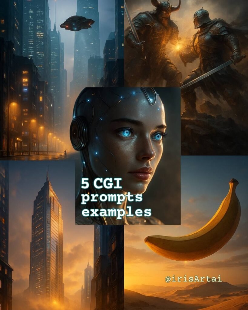 CGI collage featuring futuristic city, epic battle, sci-fi android, skyscraper, and surreal spaceship