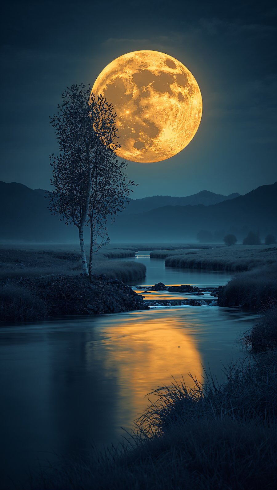 Fantasy night landscape with a large glowing full moon above a calm river, a single tree in the foreground, and distant mountains in the background.