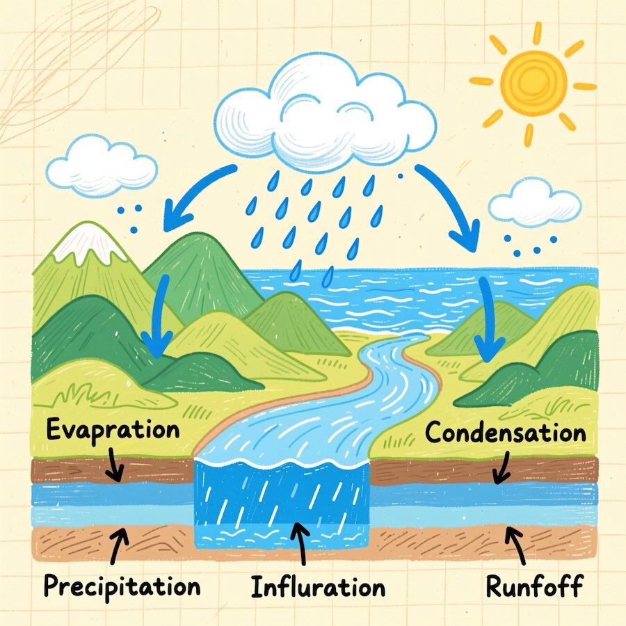 Hand-drawn style water cycle diagram showing evaporation, condensation, precipitation, runoff, and infiltration with labeled arrows and simple illustrations.