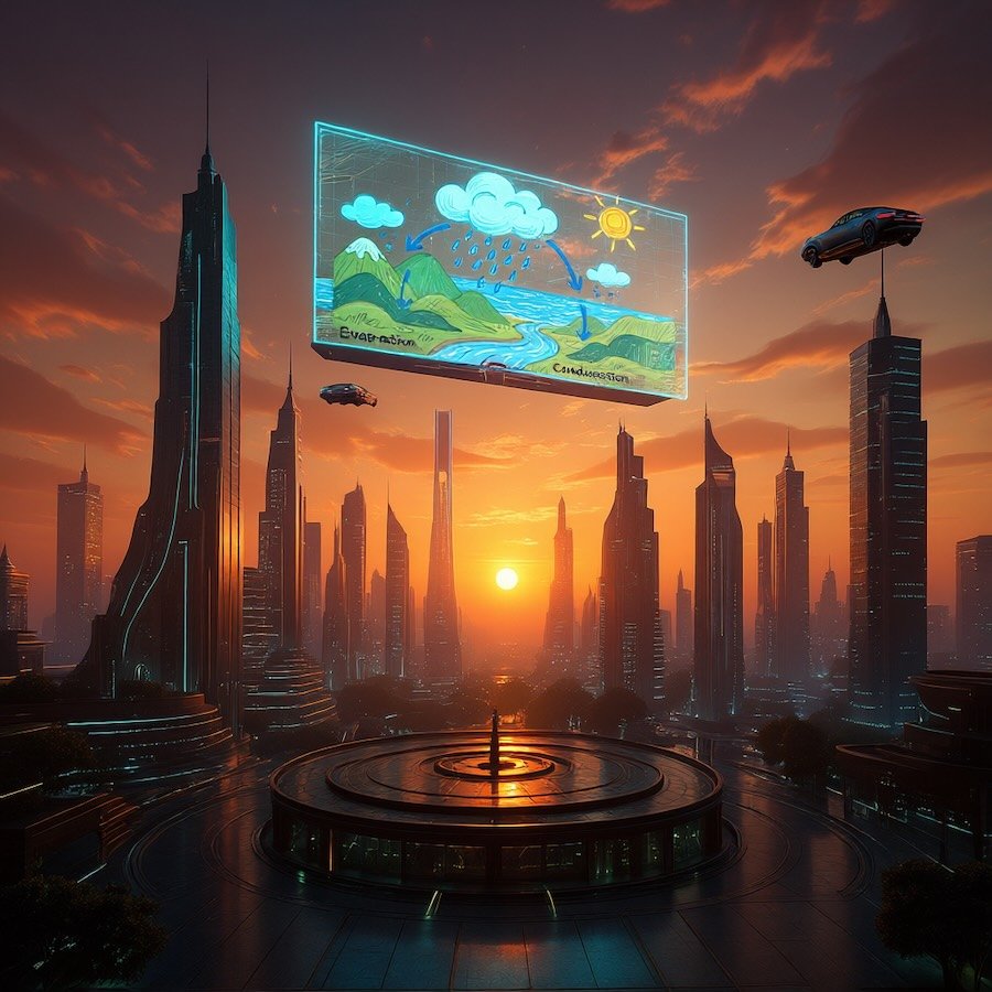 Futuristic cityscape at sunset with sleek skyscrapers, flying cars, and a massive holographic billboard displaying a water cycle diagram