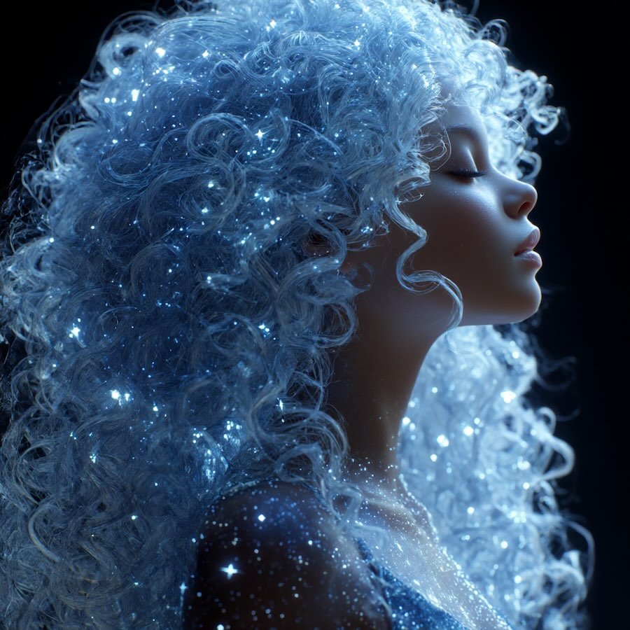 AI-generated surreal portrait of a luminous woman with hair transforming into galaxies, glowing stars woven into her skin, hyperrealistic detail created in MidJourney v6