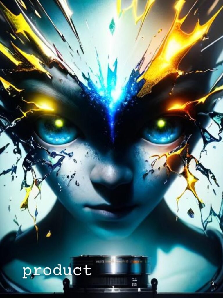 hyper-realistic portrait of a humanoid female face with enormous, glowing, bioluminescent blue eyes, intense gaze, and symmetrical features.