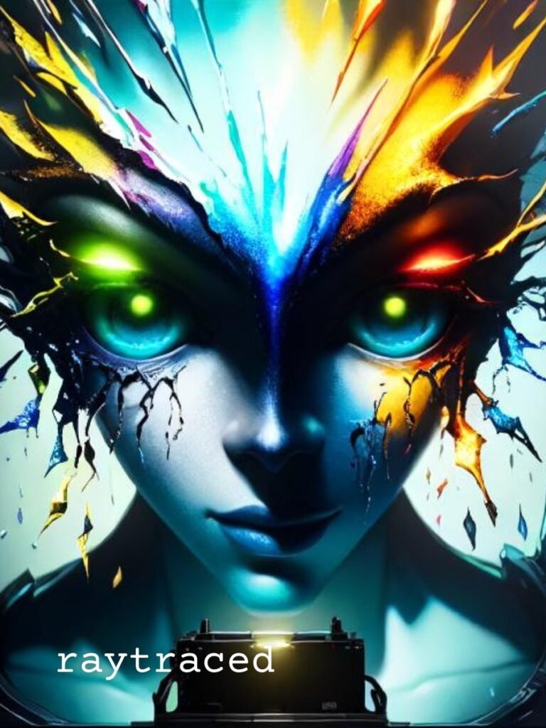 hyper-realistic portrait of a humanoid female face with enormous, glowing, bioluminescent blue eyes, intense gaze, and symmetrical features.