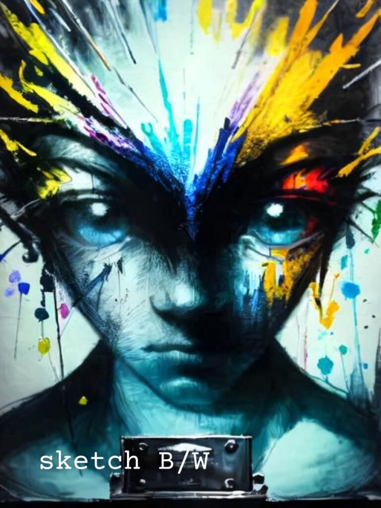 hyper-realistic portrait of a humanoid female face with enormous, glowing, bioluminescent blue eyes, intense gaze, and symmetrical features.