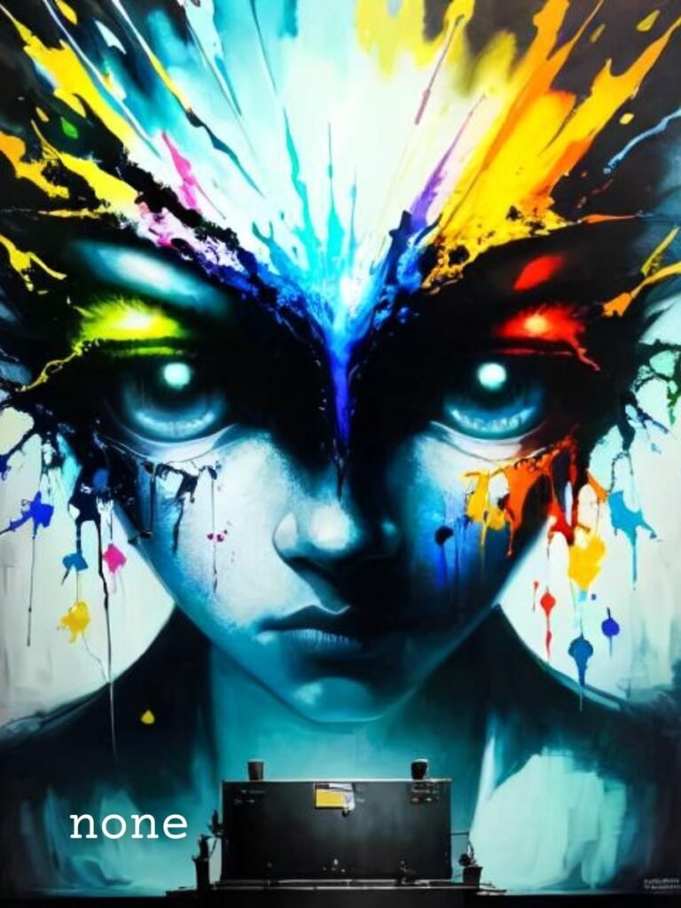 hyper-realistic portrait of a humanoid female face with enormous, glowing, bioluminescent blue eyes, intense gaze, and symmetrical features.