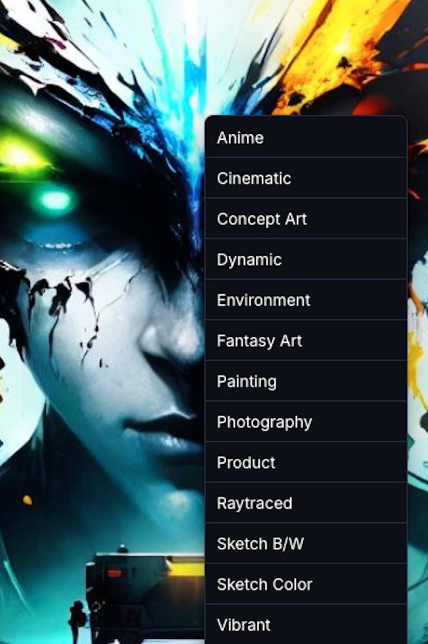 List of the 14 style models prompt applicable to the editing of the original image in Leonardo AI