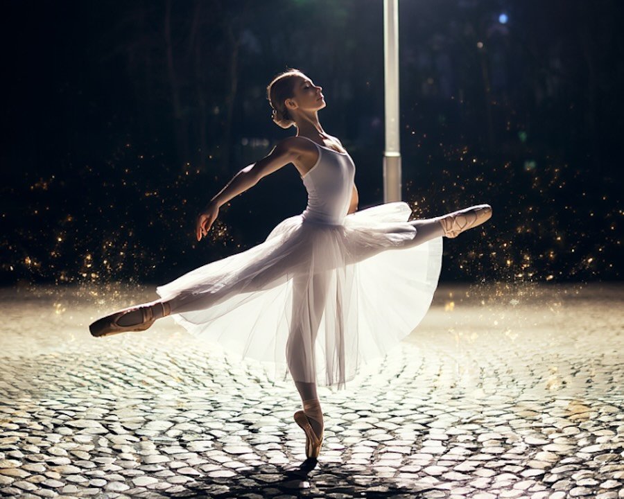 AI-generated ballerina in white tutu dancing en pointe on cobblestones under lamplight, night scene with golden sparkles.