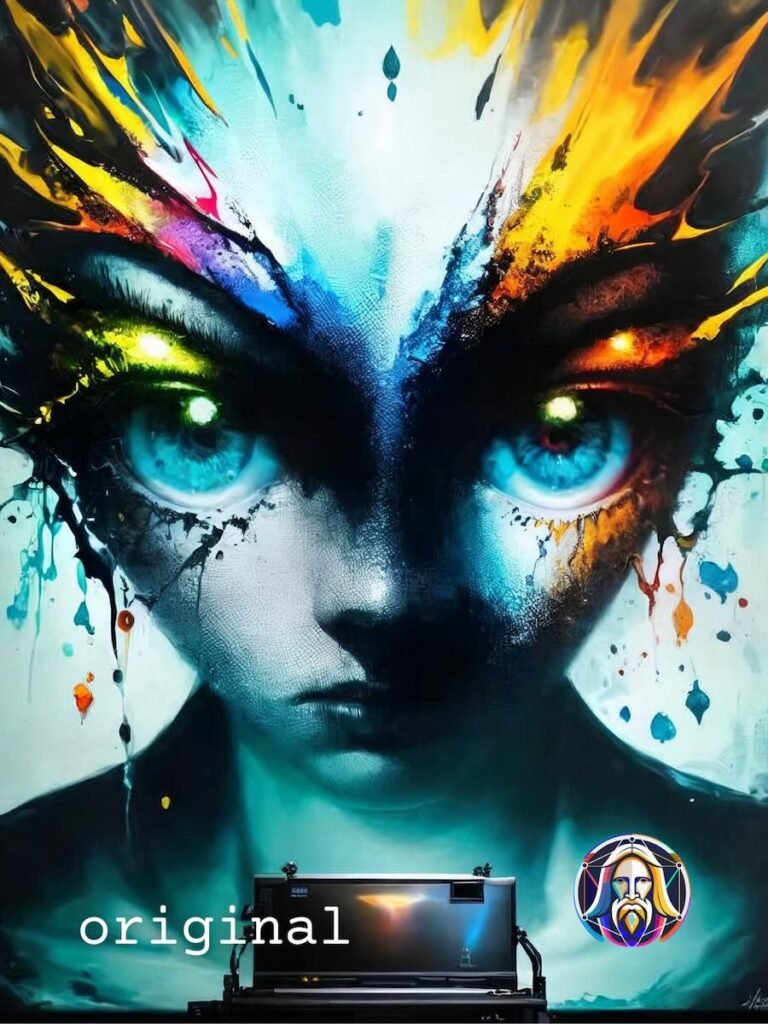 hyper-realistic portrait of a humanoid female face with enormous, glowing, bioluminescent blue eyes, intense gaze, and symmetrical features.