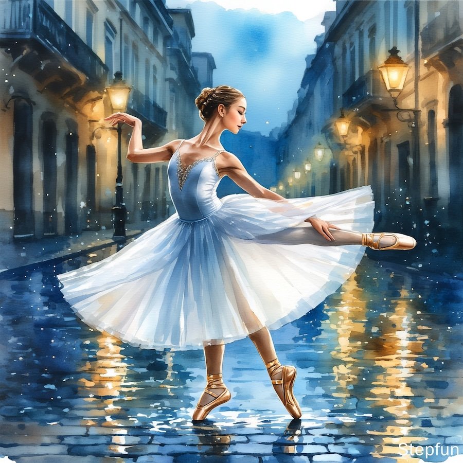 Watercolour-style AI artwork of a ballerina posing en pointe on a rain-washed old street, warm lamplight and cool reflections.