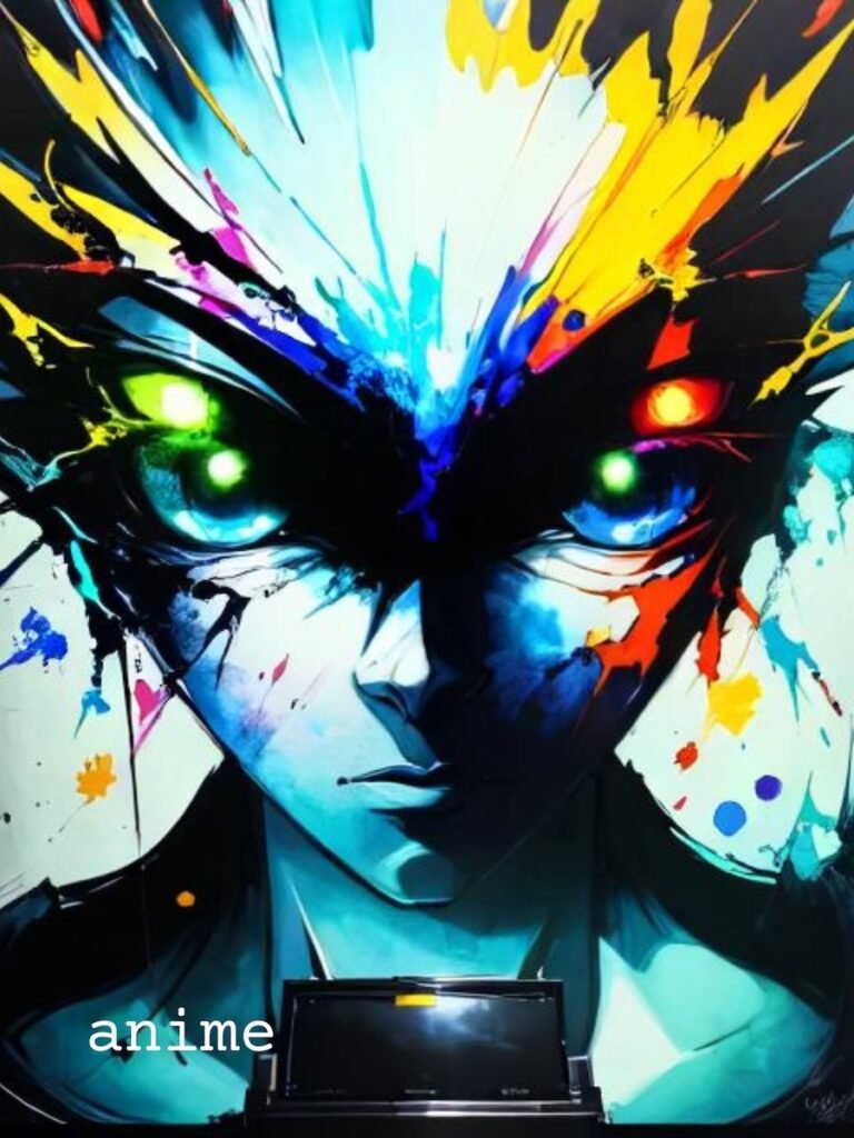 hyper-realistic portrait of a humanoid female face with enormous, glowing, bioluminescent blue eyes, intense gaze, and symmetrical features.