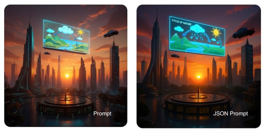 Side-by-side comparison of Qwen AI text-to-image outputs: left generated with a simple prompt, right with a JSON prompt, both showing a futuristic cityscape with a holographic water cycle diagram.