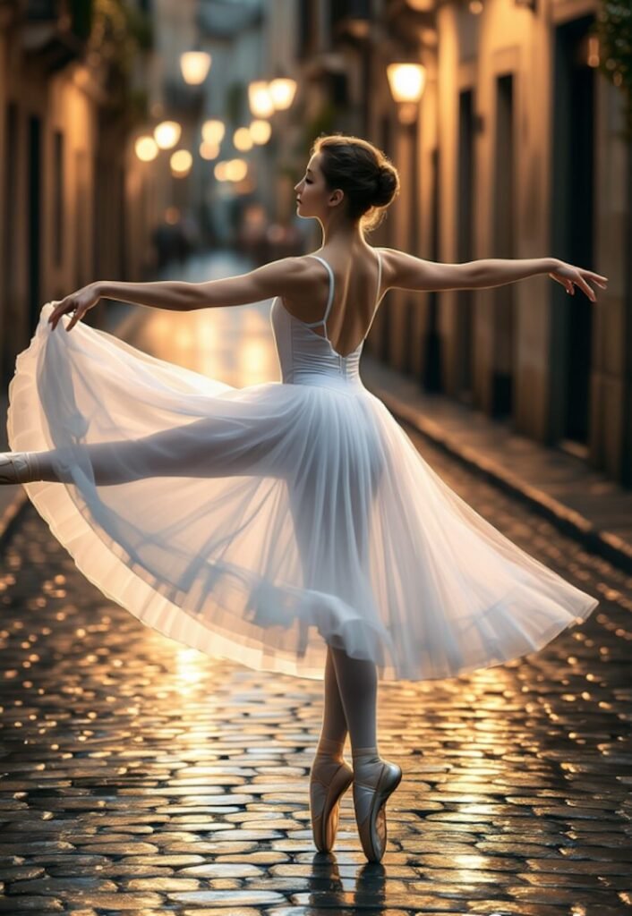 AI-generated ballerina from behind, twirling en pointe at golden hour on cobblestones with soft bokeh streetlights. This is an AI fails example.