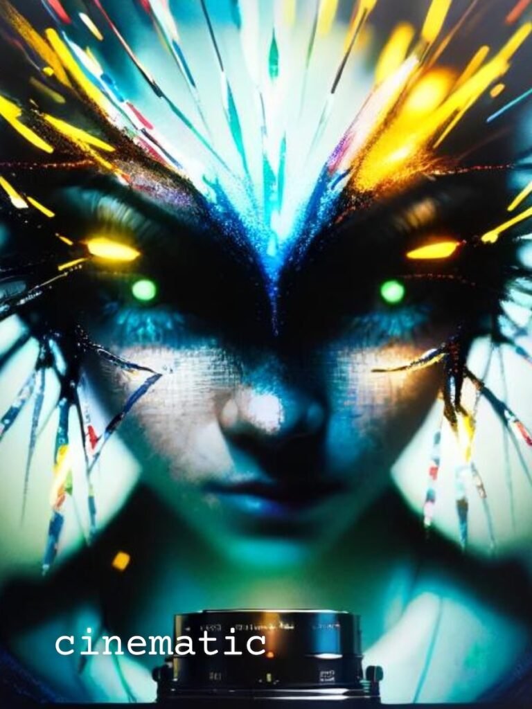 hyper-realistic portrait of a humanoid female face with enormous, glowing, bioluminescent blue eyes, intense gaze, and symmetrical features.