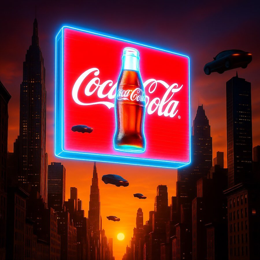 Futuristic city at sunset with flying cars and a massive holographic billboard displaying a soda advertisement in neon lights.