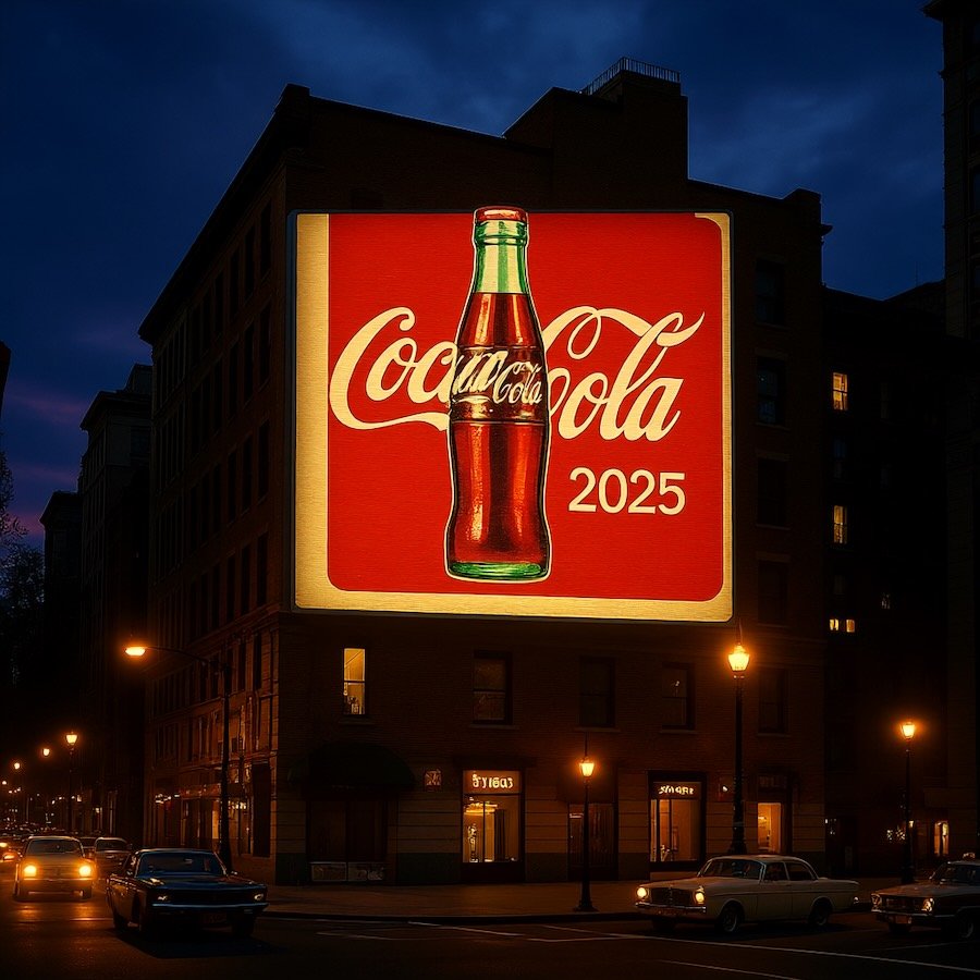 Nighttime city street with cars and a large illuminated billboard on a building displaying a soda advertisement with the year 2025