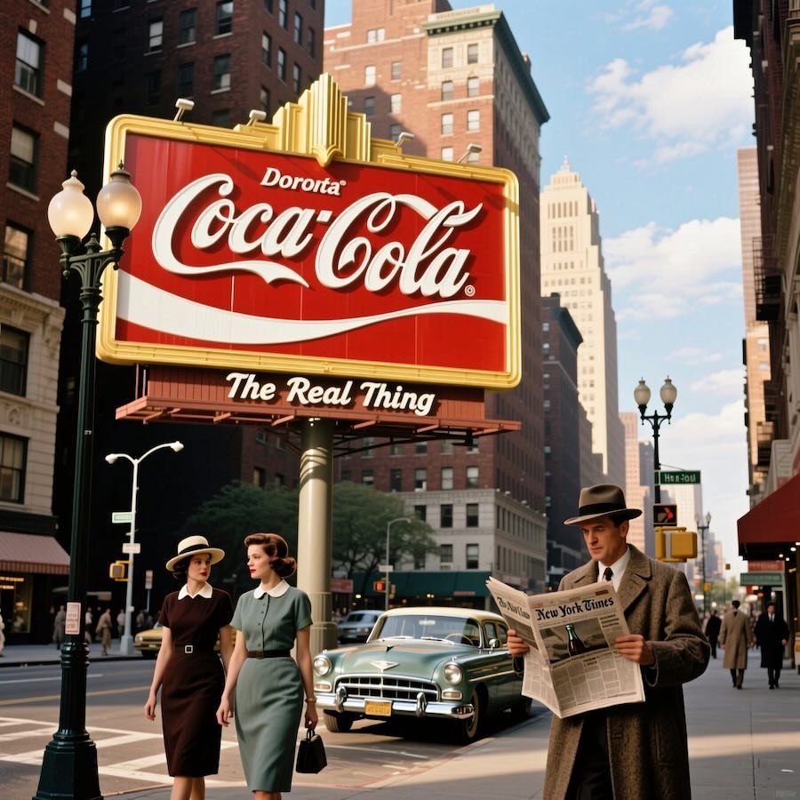 Retro city street scene with people in mid-20th century fashion, classic cars, and a large illuminated billboard advertising a soda brand