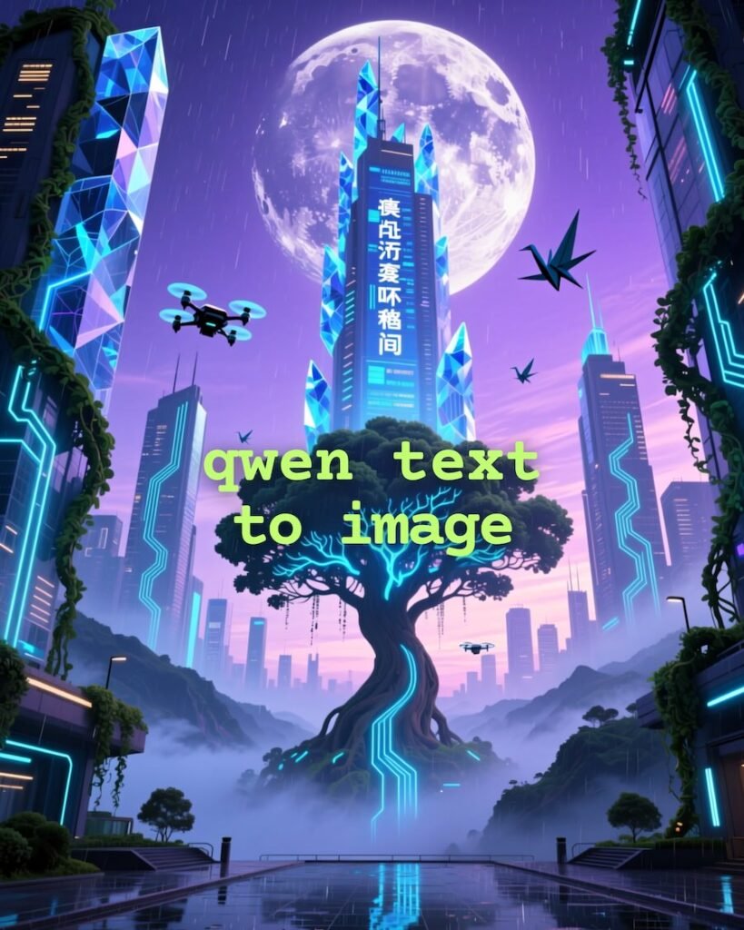 Futuristic cityscape with neon skyscrapers, a glowing tree, flying drones, and the text ‘Qwen text to image’ in the foreground