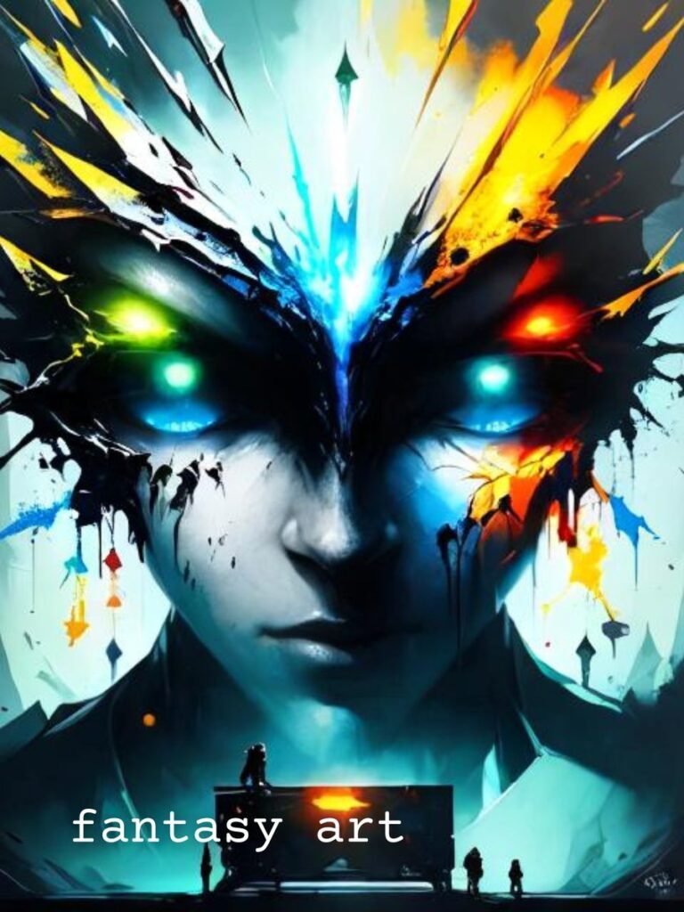 hyper-realistic portrait of a humanoid female face with enormous, glowing, bioluminescent blue eyes, intense gaze, and symmetrical features.