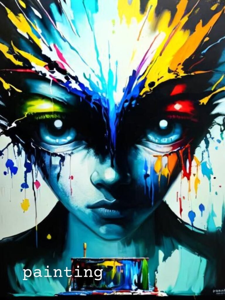 hyper-realistic portrait of a humanoid female face with enormous, glowing, bioluminescent blue eyes, intense gaze, and symmetrical features.