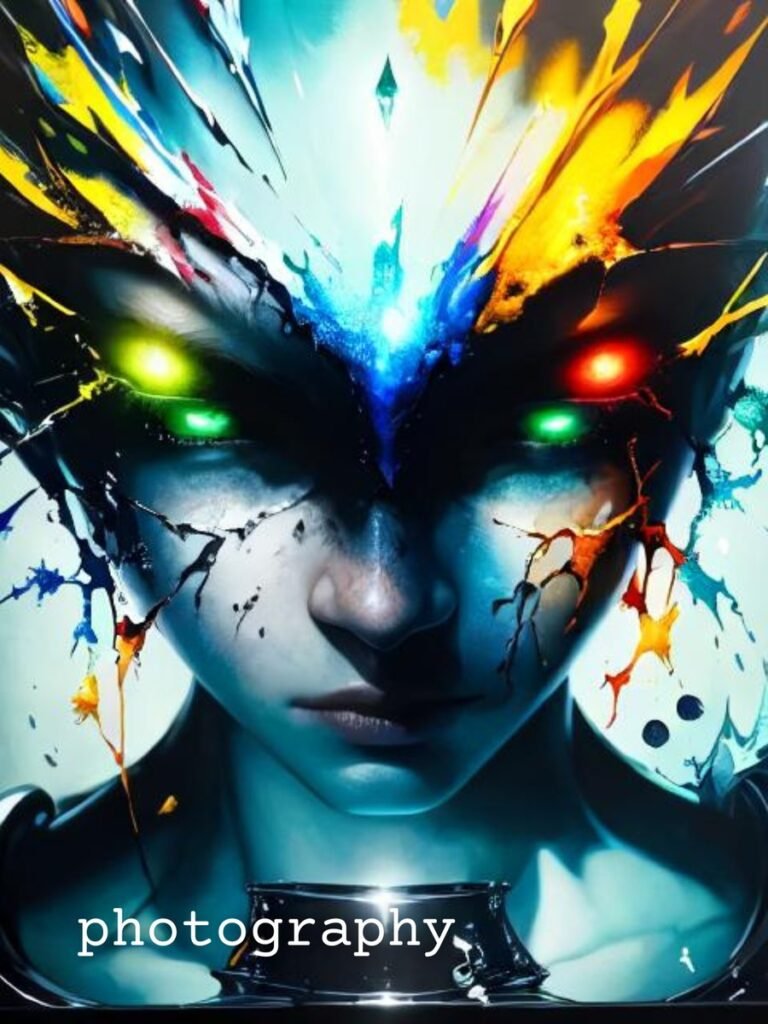 hyper-realistic portrait of a humanoid female face with enormous, glowing, bioluminescent blue eyes, intense gaze, and symmetrical features.