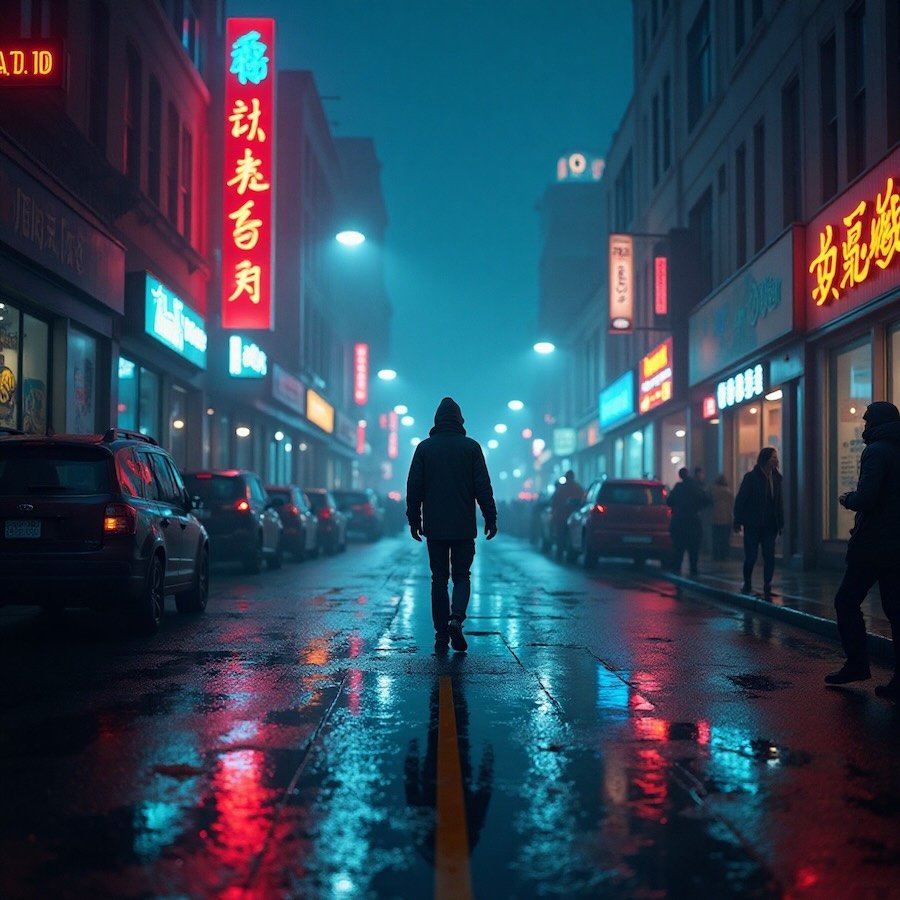 AI-generated photorealistic scene of a lone figure walking down a neon-lit city street at night, with rain-soaked pavement and colourful reflections.