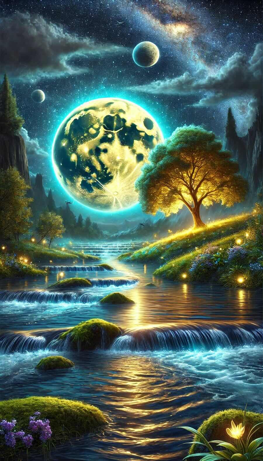 Magical night scene with a glowing oversized moon illuminating a flowing river surrounded by lush greenery, vibrant flowers, and a radiant tree, set against a starry sky and distant planets. Image by Dall-e