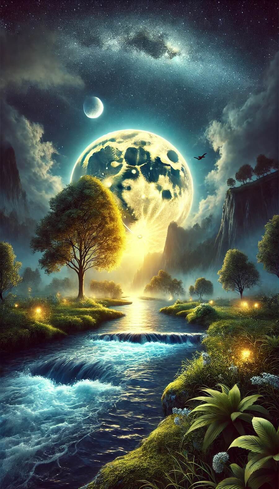 Glowing full moon rising over a misty river valley at night, with luminous trees and sparkling fireflies illuminating the lush green landscape beneath a starry sky.