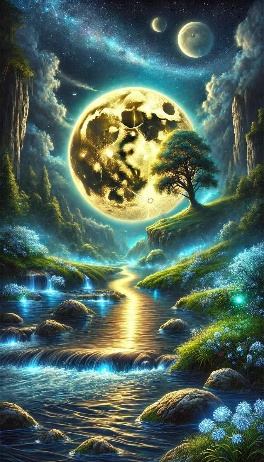 Surreal fantasy artwork of a glowing golden full moon rising above a luminous river, surrounded by mountains, trees and sparkling flowers under a cosmic night sky with planets and stars.