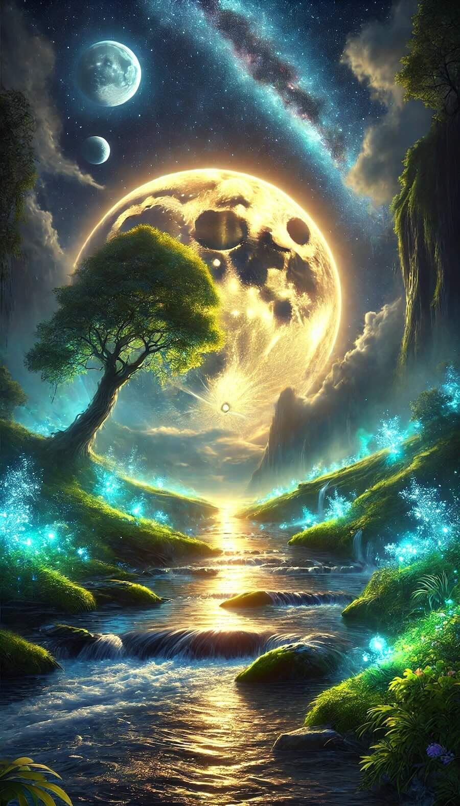 Fantasy digital artwork of a large glowing moon above a river landscape, with a single tree in the foreground, rocky cliffs on both sides, and additional planets visible in the night sky.