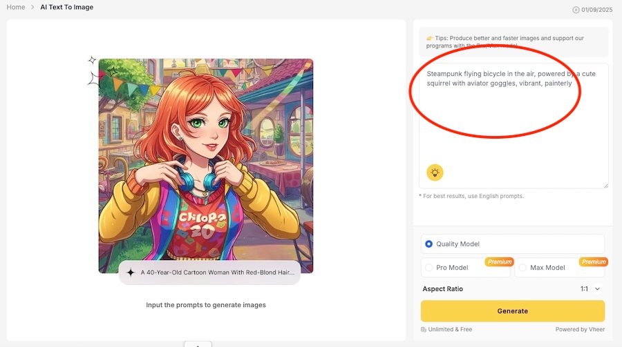 Screenshot of Vheer AI Text-to-Image interface showing a cartoon-style woman and the prompt input box on the right where users type descriptions to generate images.