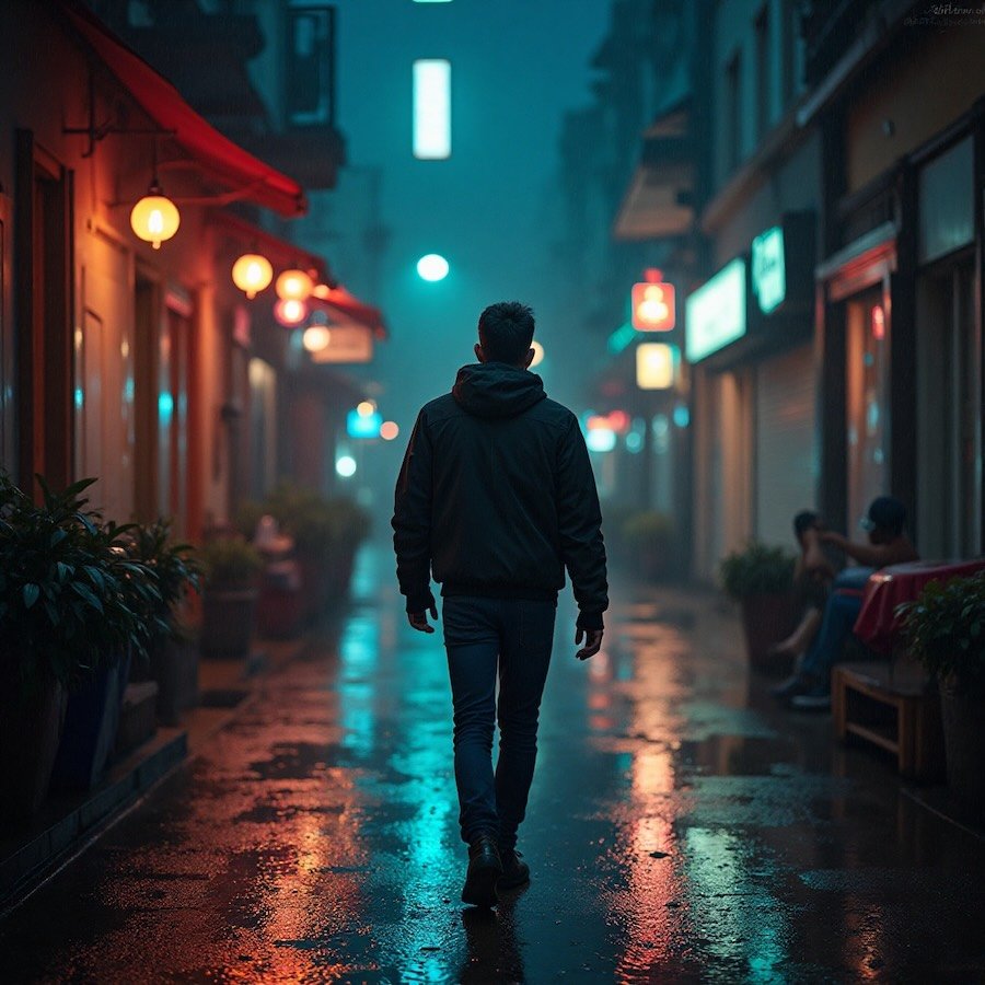 AI-generated cinematic image of a lone figure walking through a neon-lit city street at night, with rain reflecting colourful lights on the pavement.