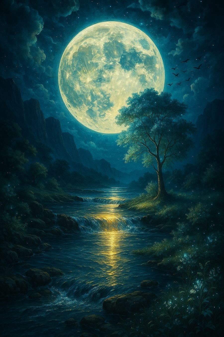 Fantasy night landscape with a giant full moon illuminating a river with rocky cascades, a single tree on the riverbank, and mountains in the background under a starry sky.