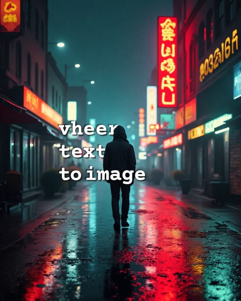 Cover image for a Vheer text-to-image tutorial: AI-generated scene of a lone hooded figure walking along a neon-lit rainy street with colourful reflections.