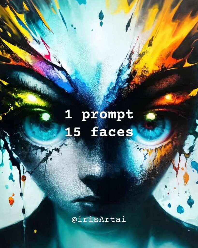hyper-realistic portrait of a humanoid female face with enormous, glowing, bioluminescent blue eyes, intense gaze, and symmetrical features. The text '1 prompt 15 faces' is in the center of the image