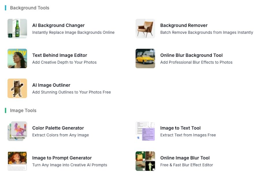 Screenshot of AI image editing tools menu, including background changer, remover, blur, text editor, image outliner, colour palette generator, image to text, and prompt generator.