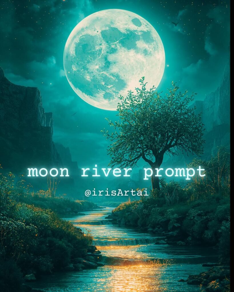 Full moon reflected in the river water flowing between rocks and trees.