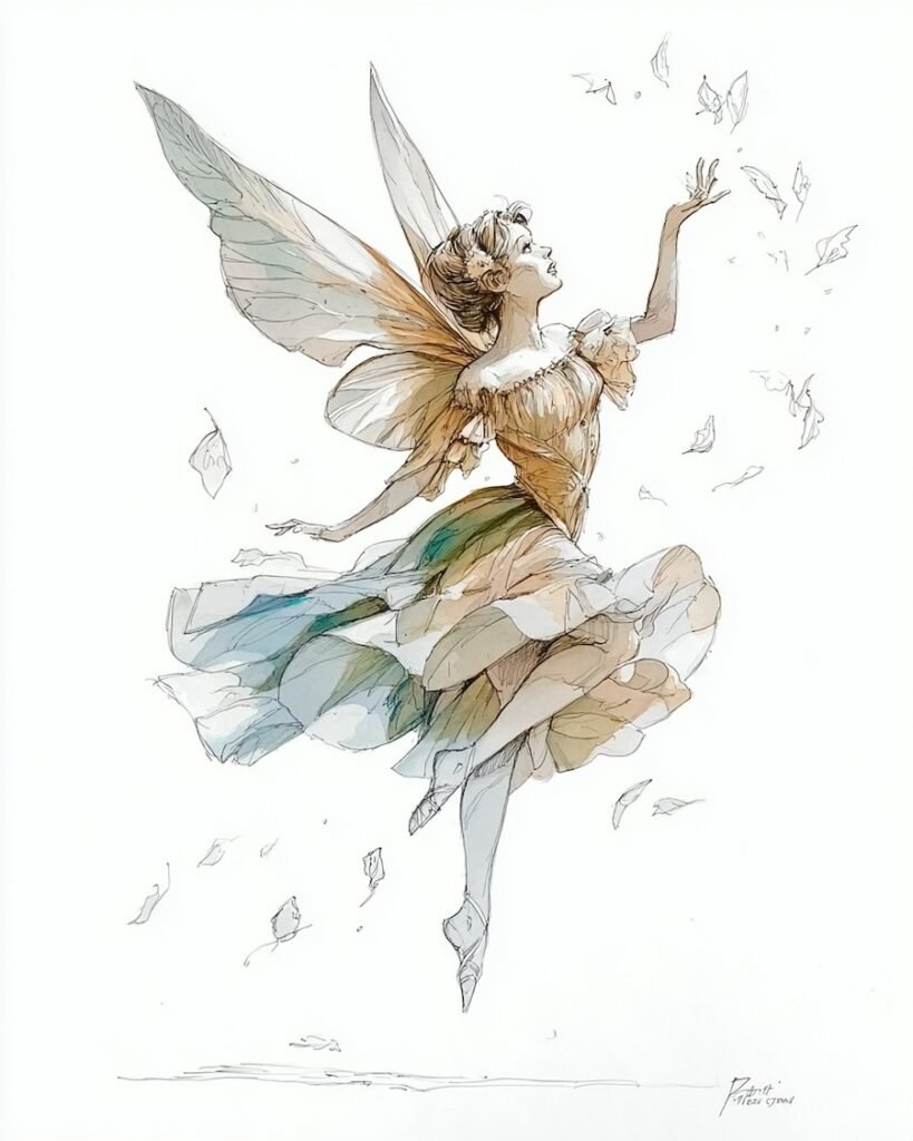 Ink sketch of a delicate fairy with large wings, floating gracefully in the air as leaves swirl around her, drawn in a detailed and expressive style. This is an example of simple prompt