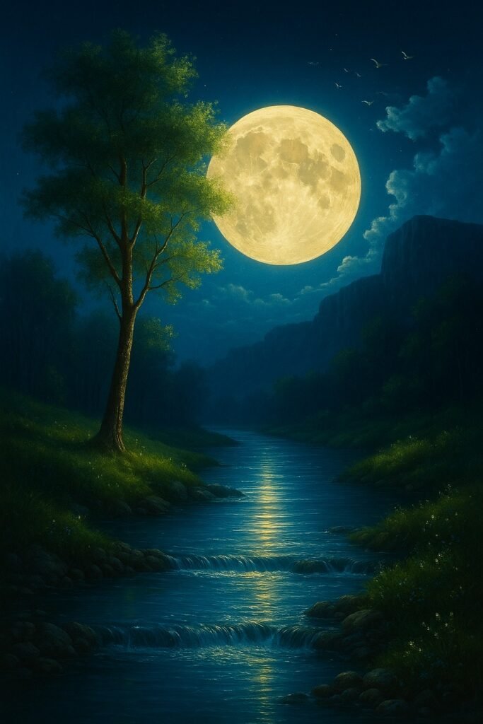 Serene night landscape with a full moon illuminating a calm river flowing through a lush forest, featuring a solitary tree and distant mountains under a starry sky.